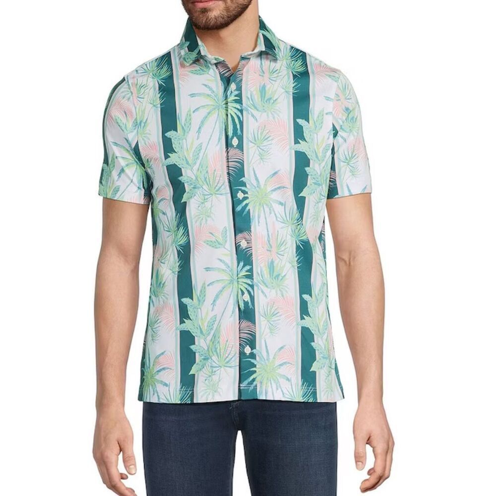 Murano Liquid Luxury Slim Floral Palm Tree Stripe Short Button-Down Shirt XXL
